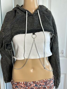 Thrill Washed Black Cropped Hoodie with Chain Detail